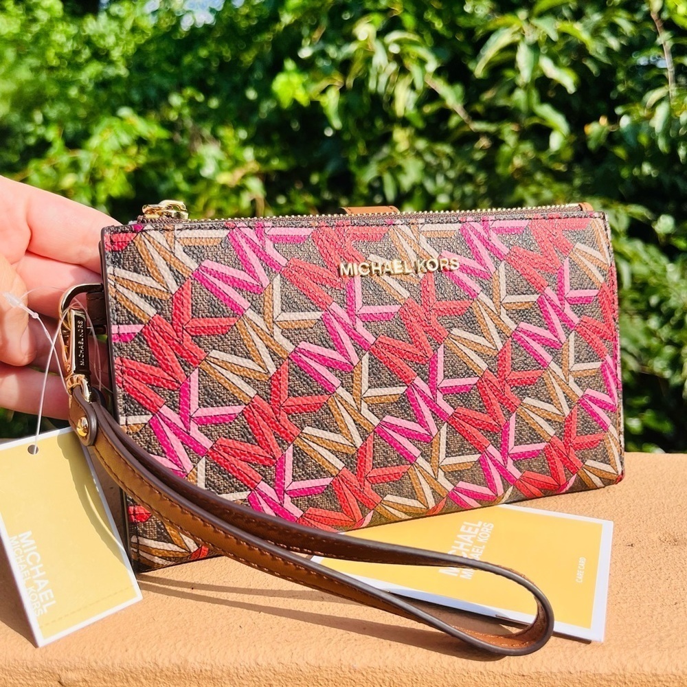 Michael Kors Pink Red Brown Monogram Wristlet Clutch